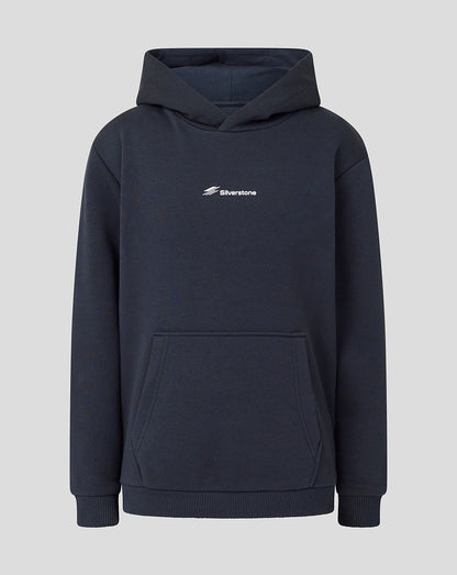 A dark navy blue pullover hoodie with a small white 'Silverstone' logo printed on the left chest, displayed against a solid light gray background.