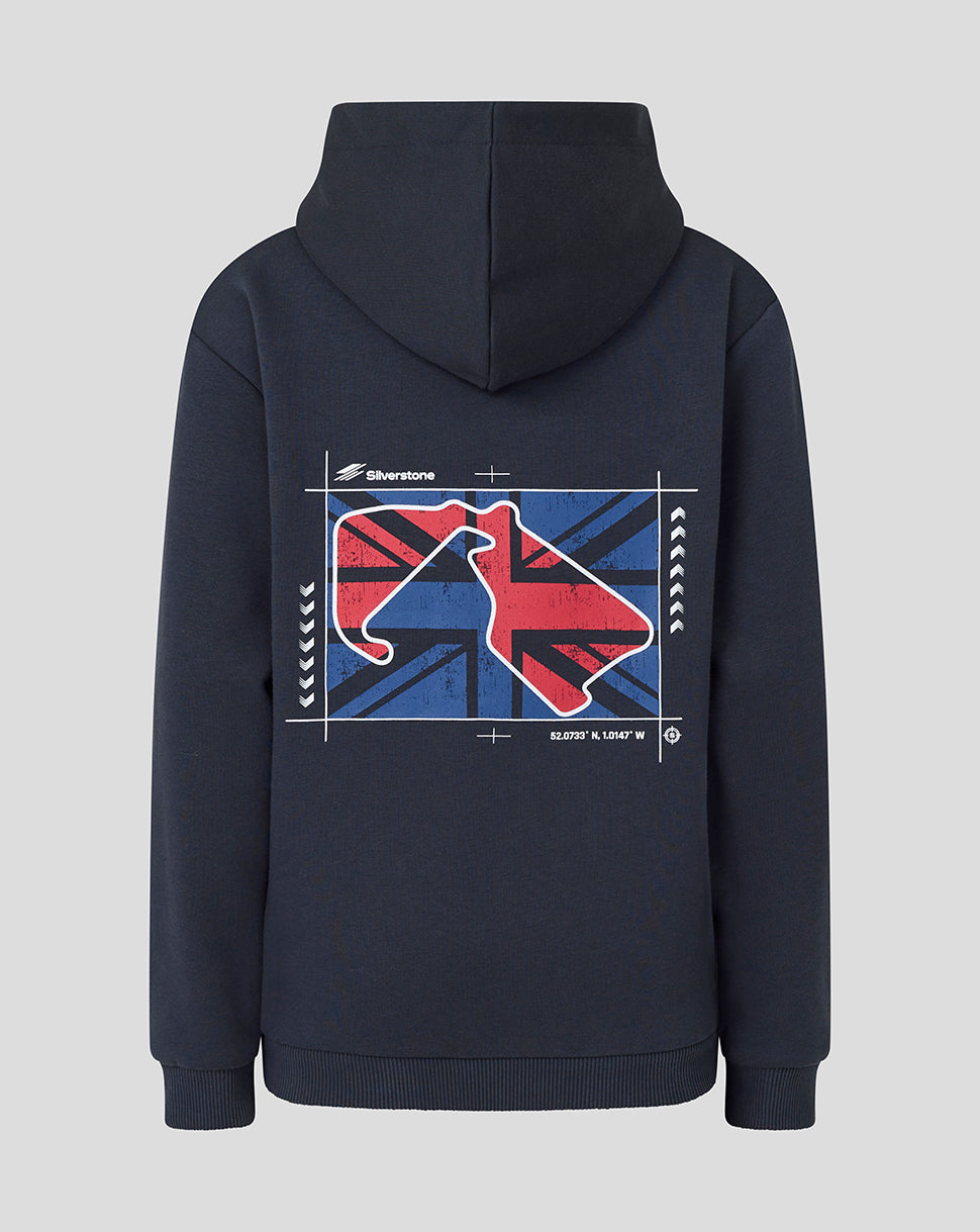 A navy blue pullover hoodie shown from the back, featuring a large graphic print with a red and blue bird silhouette over a Union Jack flag design and white technical-style markings.