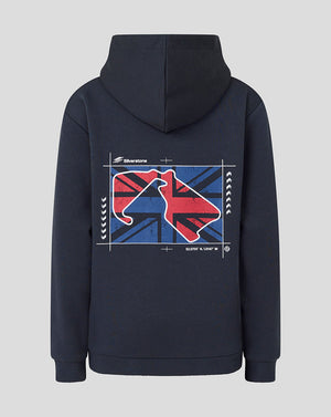 A navy blue pullover hoodie shown from the back, featuring a large graphic print with a red and blue bird silhouette over a Union Jack flag design and white technical-style markings.