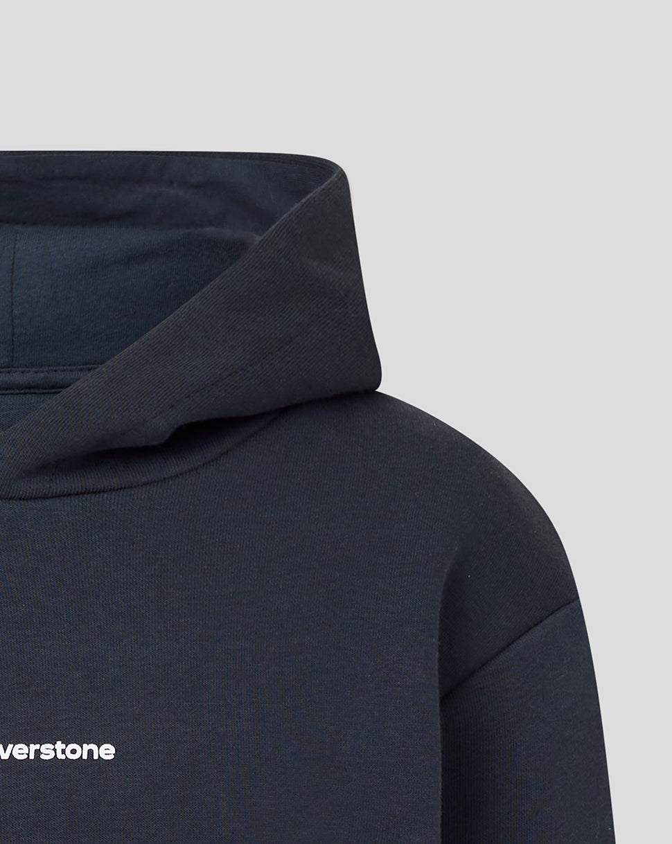 Close-up of a dark navy hoodie showing the hood, shoulder, and sleeve with a small white 'Silverstone' logo on the chest, set against a light gray background.