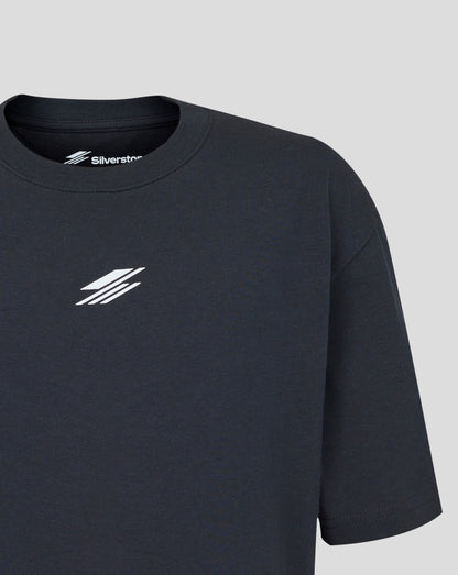 Black t-shirt with a logo on a gray background