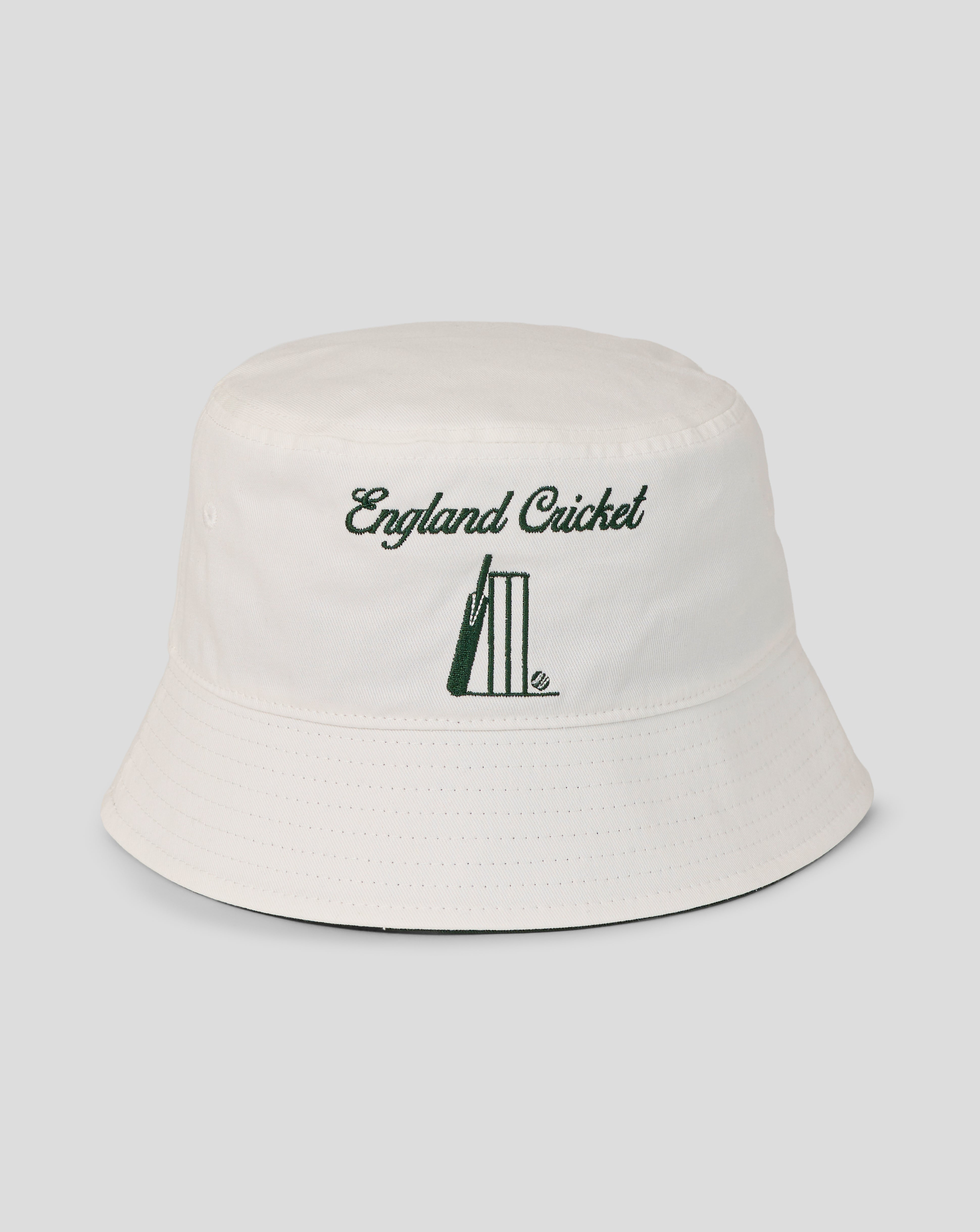 White bucket hat with 'England Cricket' text and cricket bat design on a white background