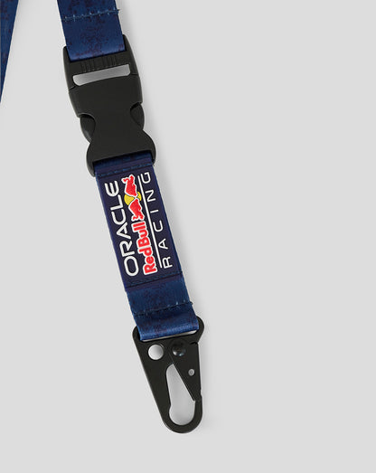 Close up of blue Oracle Red Bull Racing lanyard showing logo and detachable clip