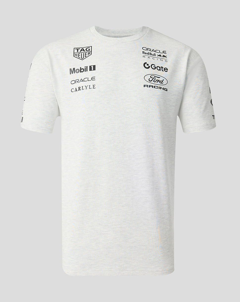 White t-shirt with multiple brand logos on a light gray background