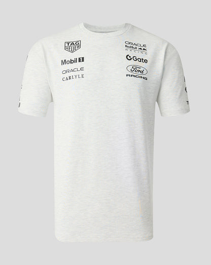 White t-shirt with multiple brand logos on a light gray background