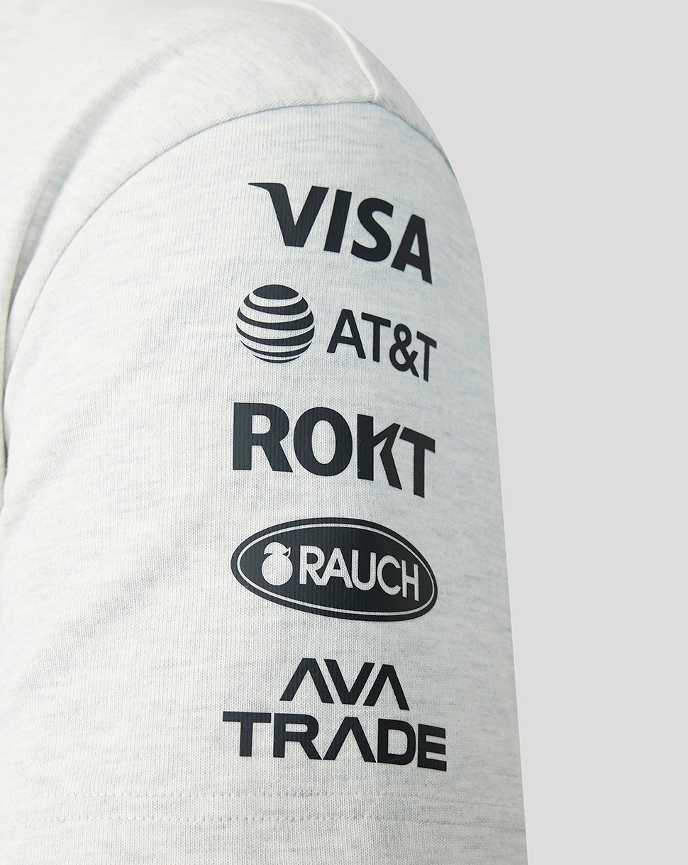Gray sleeve with logos of Visa, AT&T, ROKT, Rauch, and Ava Trade on a white background