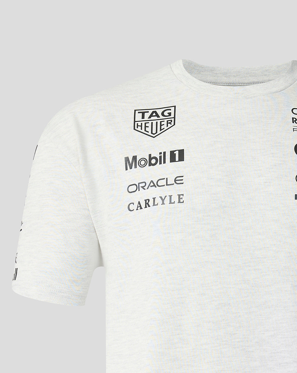 White t-shirt with various logos on a light gray background