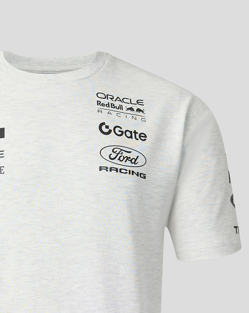 Gray t-shirt with racing sponsor logos on a light gray background
