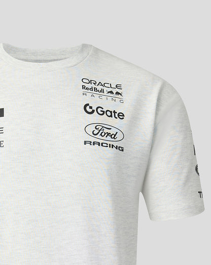 Gray t-shirt with racing sponsor logos on a light gray background