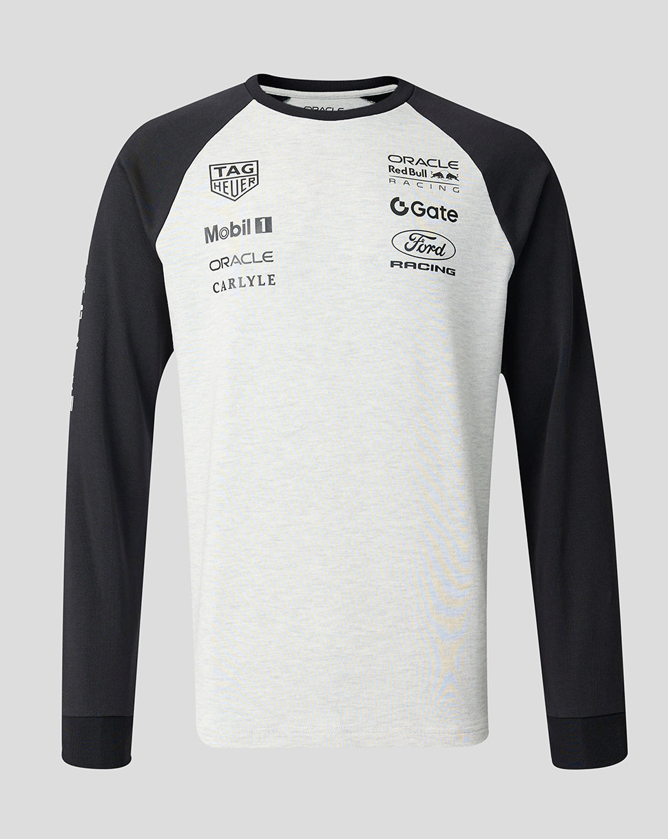 Black and white long-sleeve shirt with various brand logos on a gray background