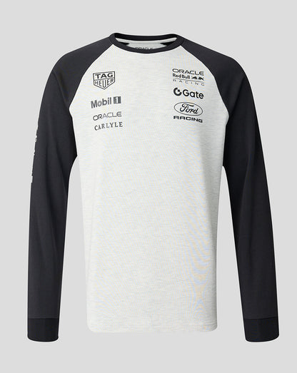 Black and white long-sleeve shirt with various brand logos on a gray background