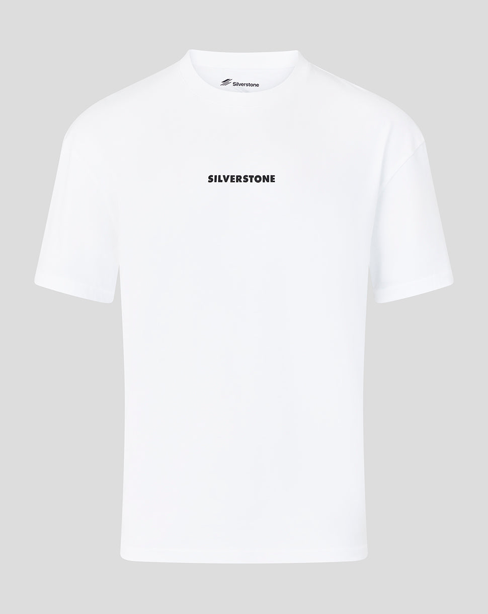 A white short-sleeve crewneck t-shirt with 'SILVERSTONE' printed in black capital letters across the chest, displayed on a neutral gray background.