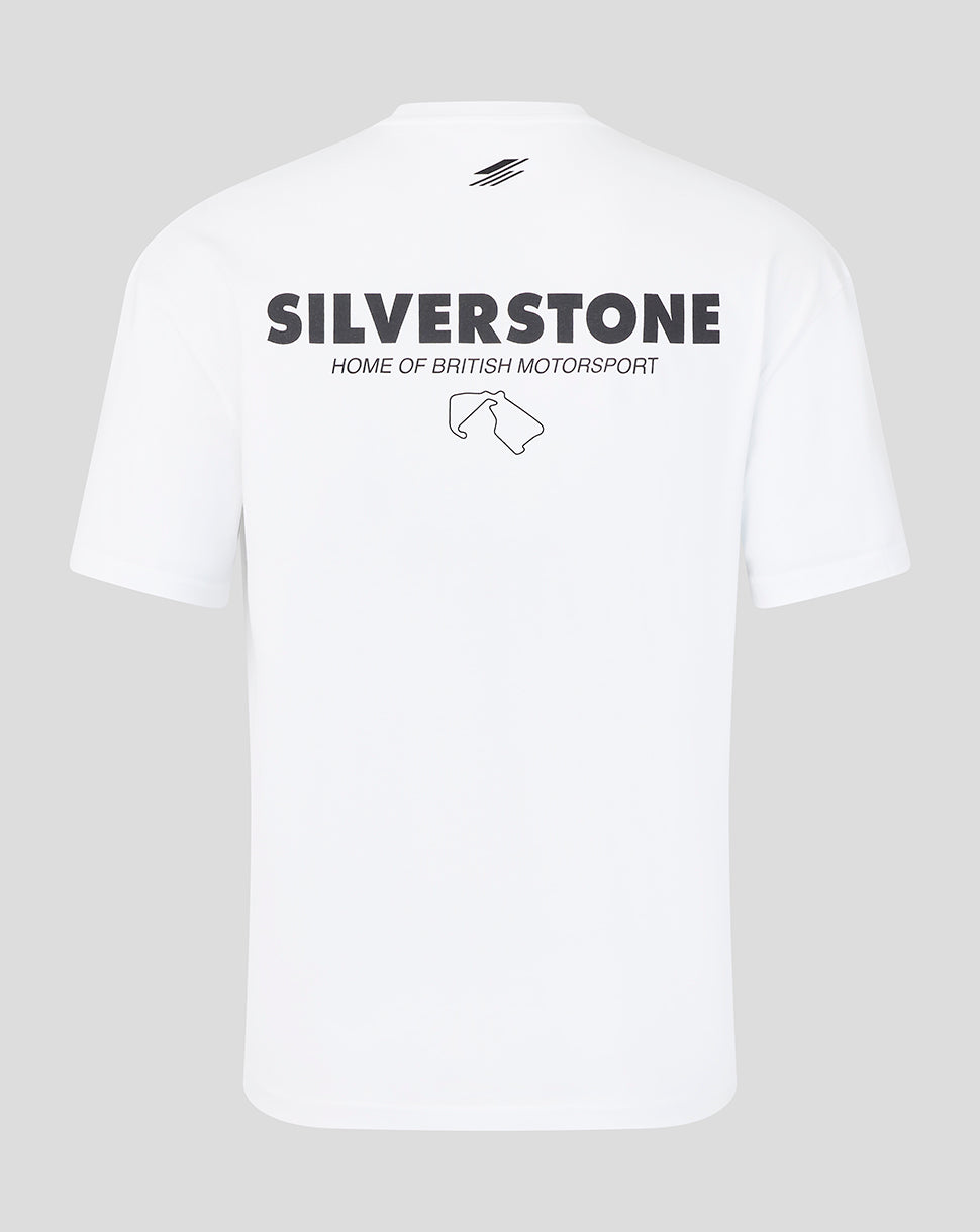White short-sleeve t-shirt shown from the back, featuring 'SILVERSTONE HOME OF BRITISH MOTORSPORT' printed in black across the upper back, with a small silverstone logo below.
