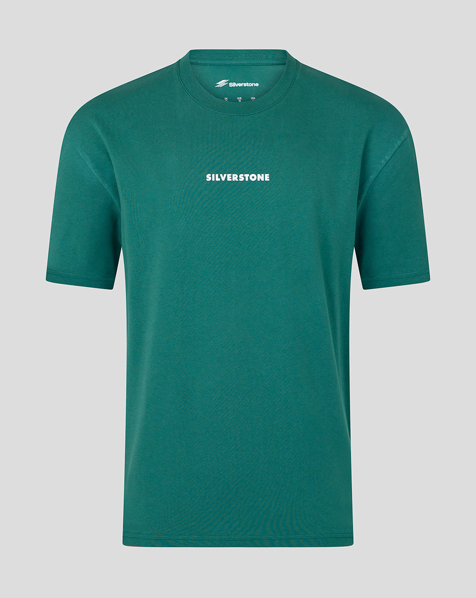A teal green short-sleeve crewneck t-shirt with 'SILVERSTONE' printed in white across the chest, displayed on a neutral gray background.