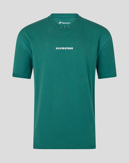 A teal green short-sleeve crewneck t-shirt with 'SILVERSTONE' printed in white across the chest, displayed on a neutral gray background.