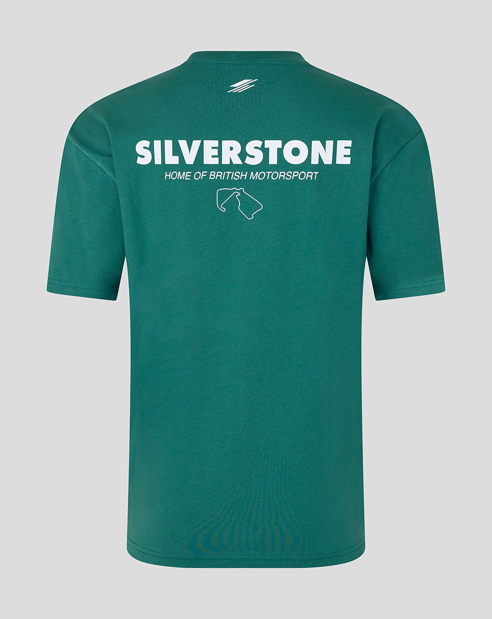 A teal green short-sleeve t-shirt shown from the back, featuring 'SILVERSTONE HOME OF BRITISH MOTORSPORT' printed in white across the upper back.