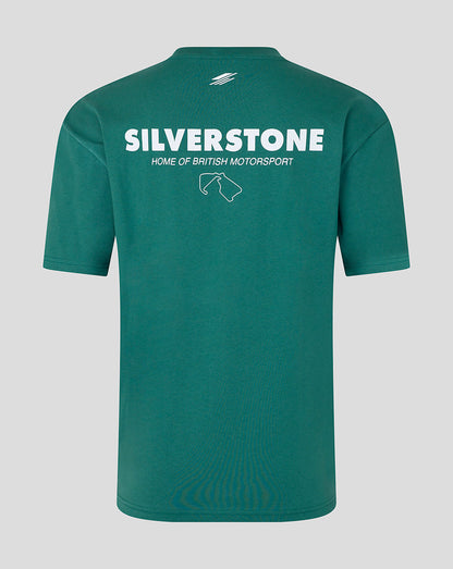 A teal green short-sleeve t-shirt shown from the back, featuring 'SILVERSTONE HOME OF BRITISH MOTORSPORT' printed in white across the upper back.