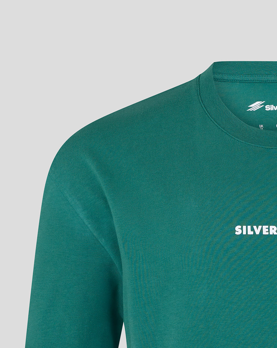Close-up of a teal green long-sleeve crewneck sweatshirt with white 'SILVER' text printed on the chest, set against a light gray background.