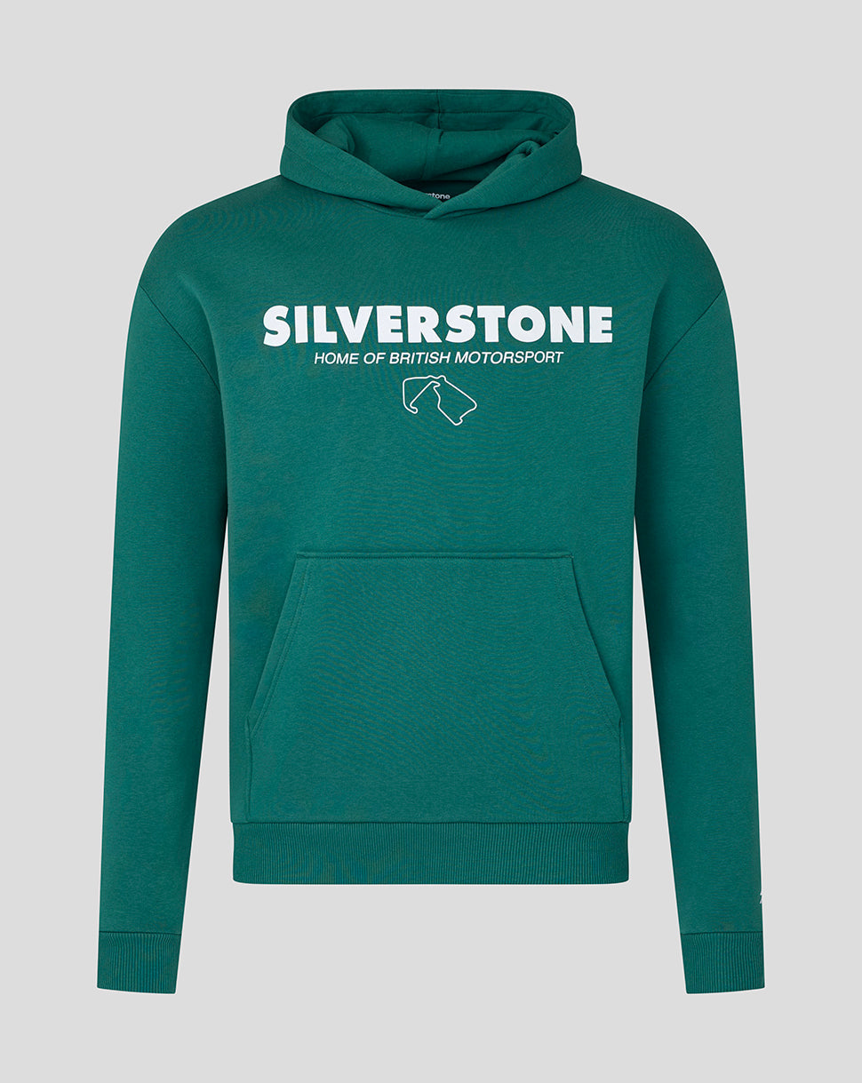 A dark teal green pullover hoodie with 'SILVERSTONE HOME OF BRITISH MOTORSPORT' printed in white across the chest, displayed on a neutral light gray background.
