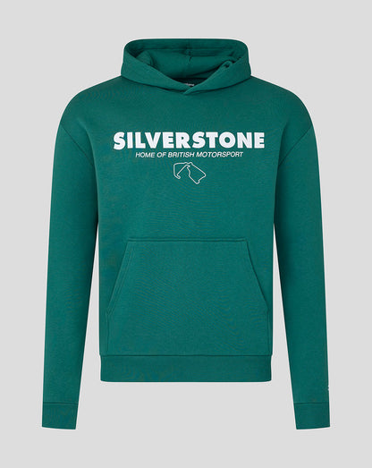 A dark teal green pullover hoodie with 'SILVERSTONE HOME OF BRITISH MOTORSPORT' printed in white across the chest, displayed on a neutral light gray background.