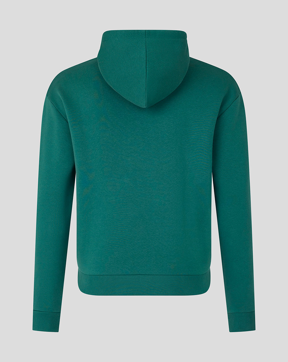 A dark teal green hoodie shown from the back, featuring a solid color with a subtle textured pattern, displayed on a neutral light gray background.