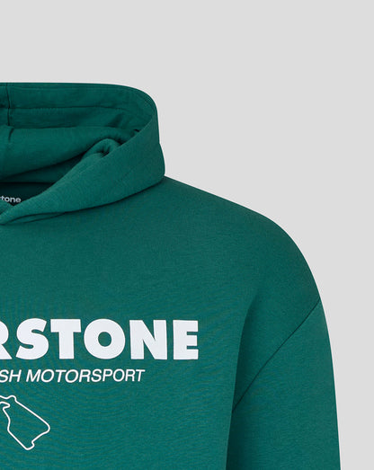 Close-up of a dark teal green hoodie featuring a white 'SILVERSTONE' and 'BRITISH MOTORSPORT' graphic on the chest, set against a light gray background.