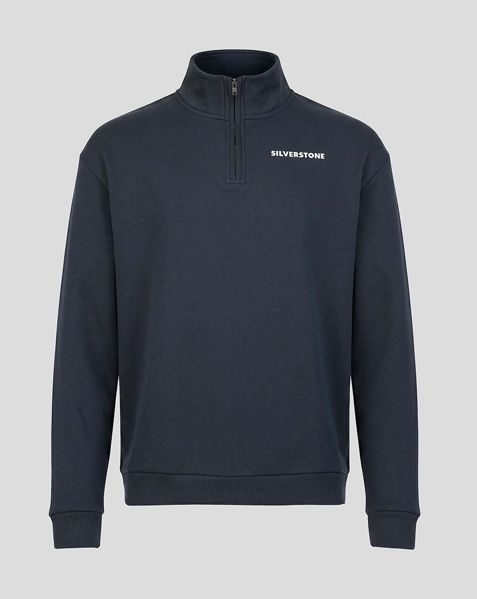 A dark navy blue quarter-zip sweatshirt with 'SILVERSTONE' printed in white on the left chest, displayed on a neutral light gray background.