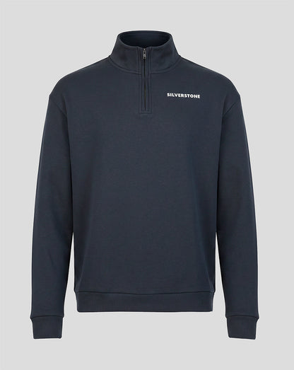 A dark navy blue quarter-zip sweatshirt with 'SILVERSTONE' printed in white on the left chest, displayed on a neutral light gray background.