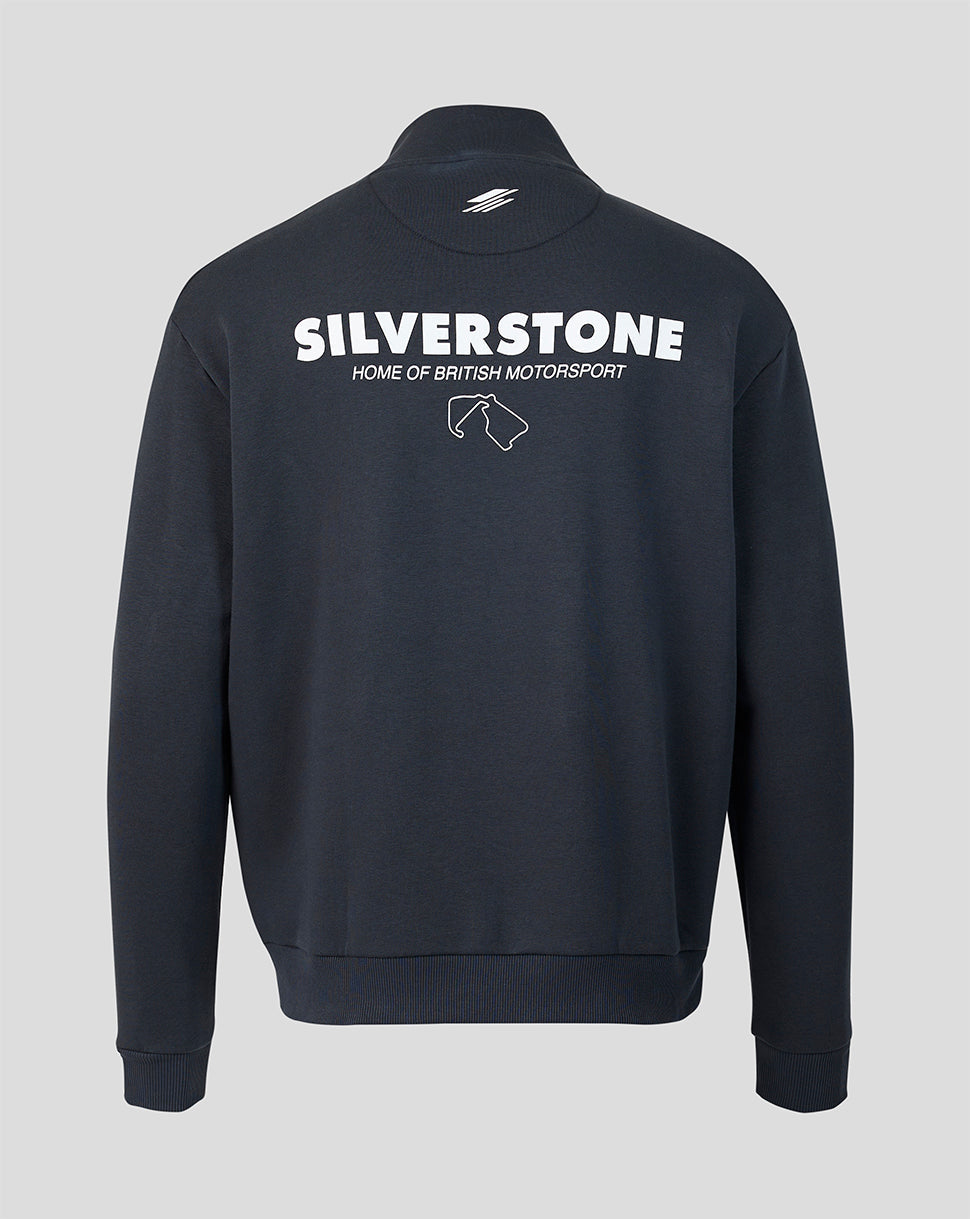 A dark navy blue sweatshirt shown from the back, featuring 'SILVERSTONE HOME OF BRITISH MOTORSPORT' printed in white across the upper back.
