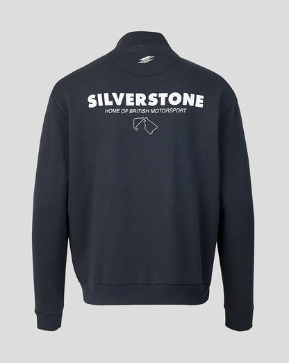 A dark navy blue sweatshirt shown from the back, featuring 'SILVERSTONE HOME OF BRITISH MOTORSPORT' printed in white across the upper back.