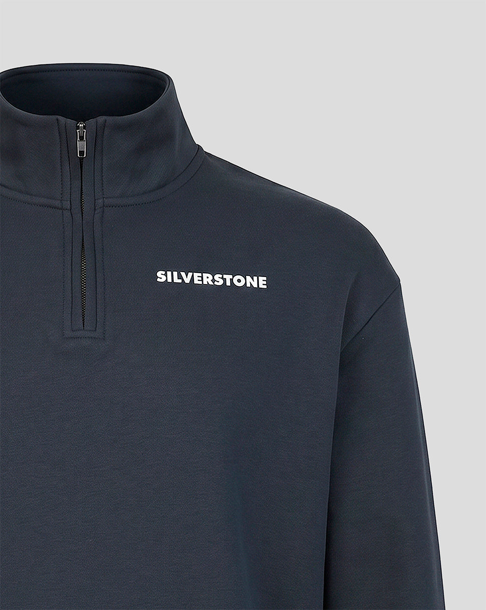 Close-up of a navy blue fleece zip-up jacket with a stand collar, shown against a plain light background.