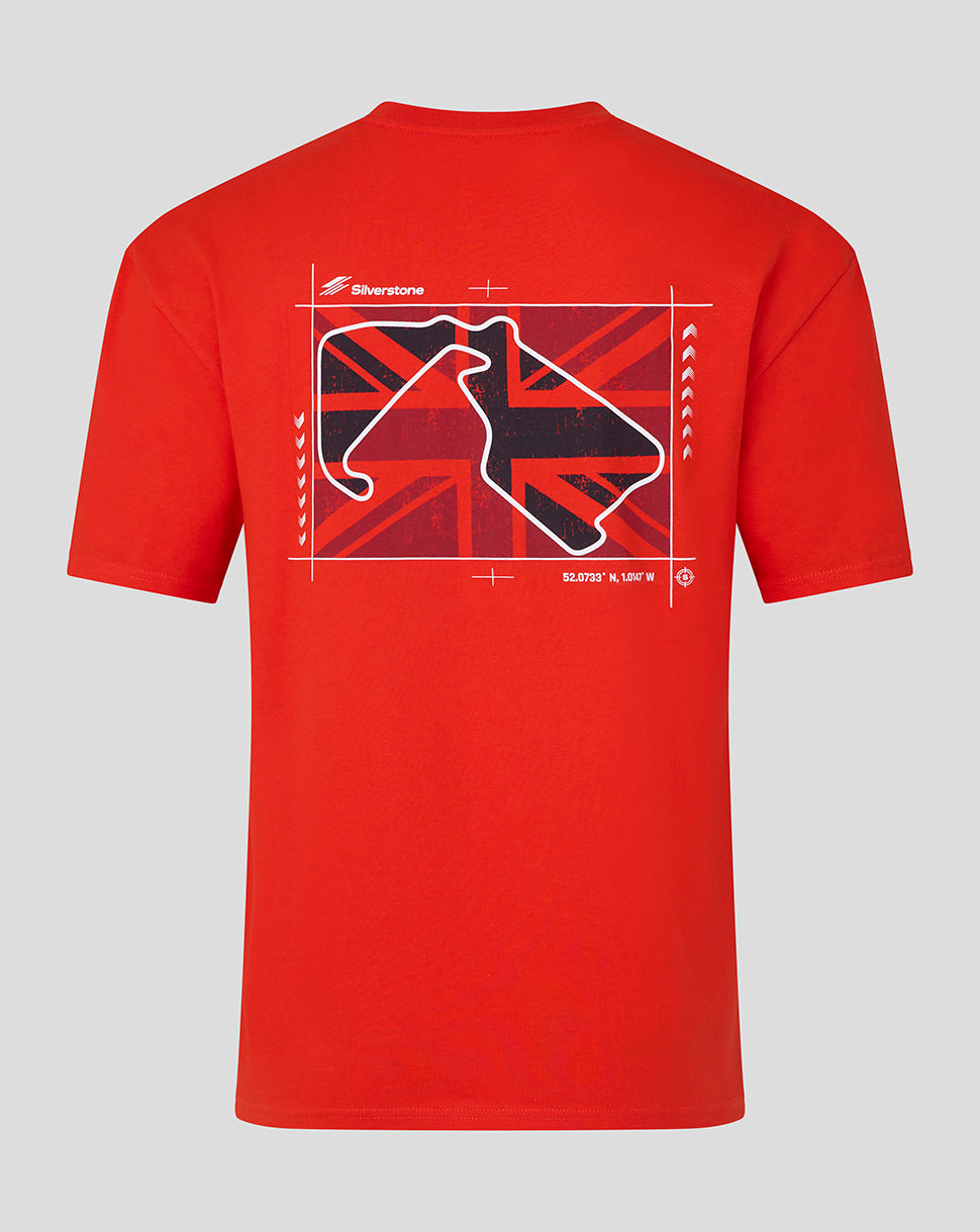 A bright red short-sleeve t-shirt with a large graphic print on the back. The graphic features a white blueprint-style outline of the British Formula 1 circuit at Silverstone, filled with a Union Jack flag pattern, and the 'Silverstone' brand name printed in white near the top left of the graphic.