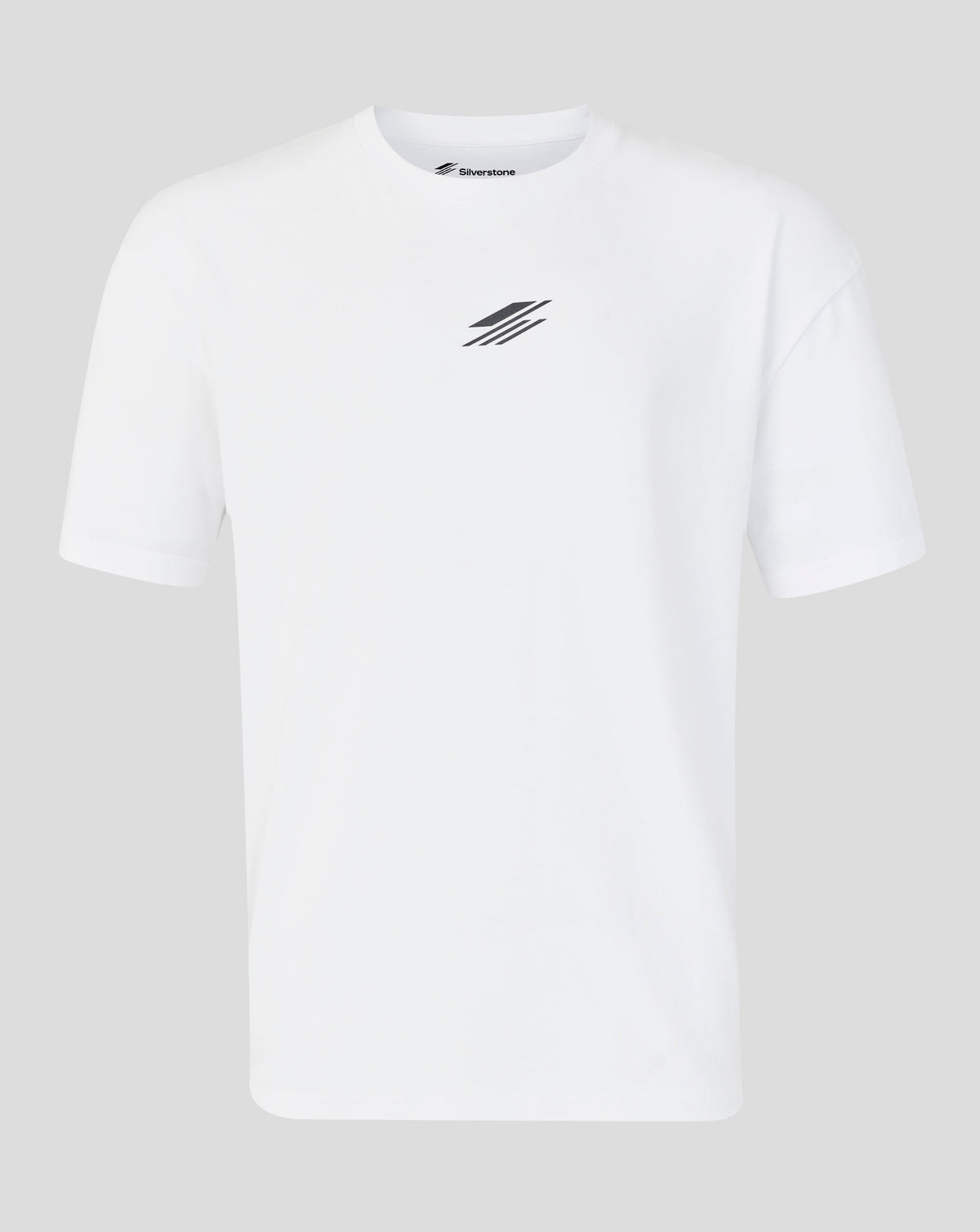 A white short-sleeve crewneck t-shirt with a small black graphic on the left chest, displayed on a neutral light gray background.