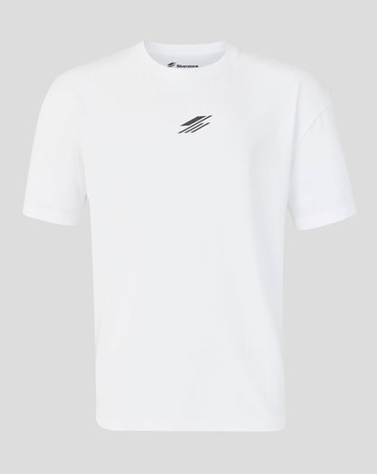 A white short-sleeve crewneck t-shirt with a small black graphic on the left chest, displayed on a neutral light gray background.