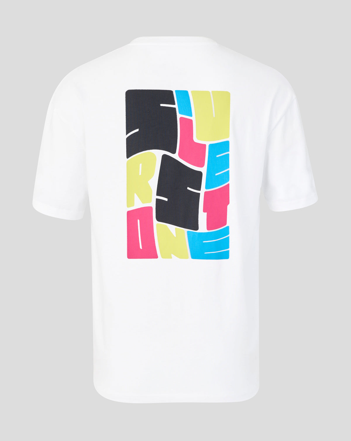 A white short-sleeve t-shirt shown from the back, featuring a large graphic print of the word 'SILVERSTONE' in a bold, colorful block pattern of black, yellow, pink, and blue.