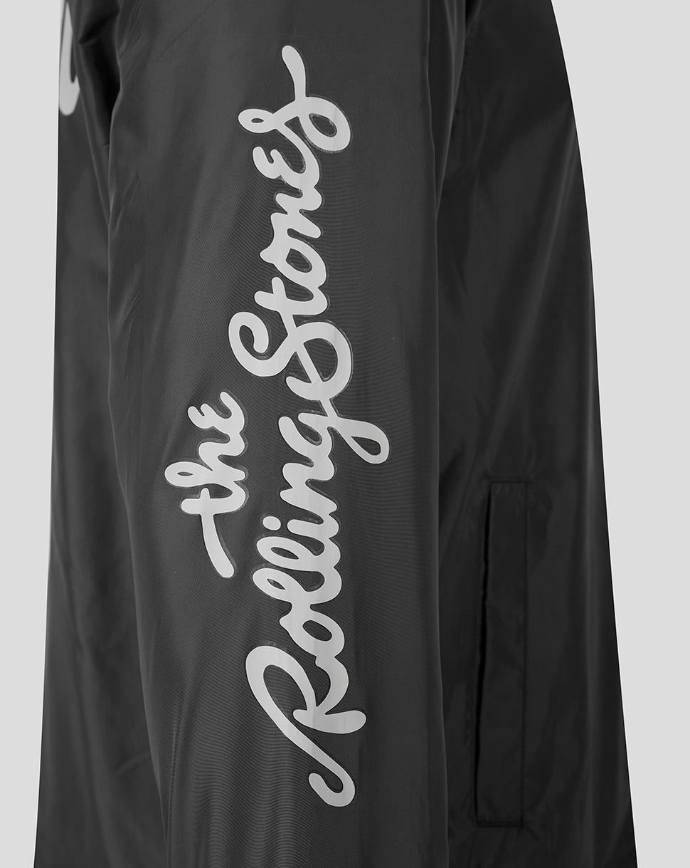Close-up of a black garment featuring a large white script logo reading 'the Rolling Stones' printed vertically on the front.