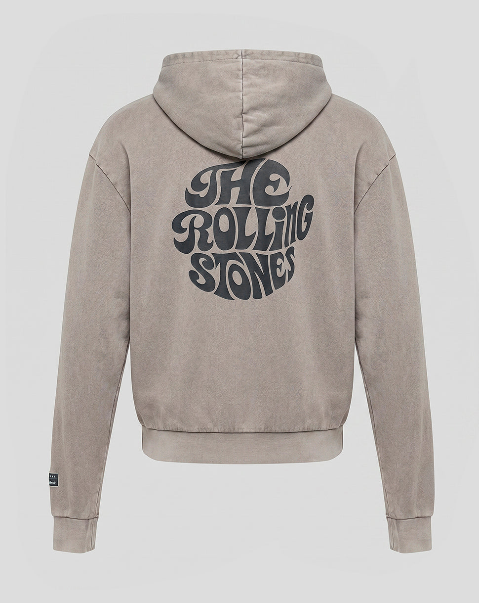 A beige hooded sweatshirt shown from the back, featuring a large black 'The Rolling Stones' logo printed across the center. The hoodie has a washed, textured finish and is displayed on a neutral light gray background.