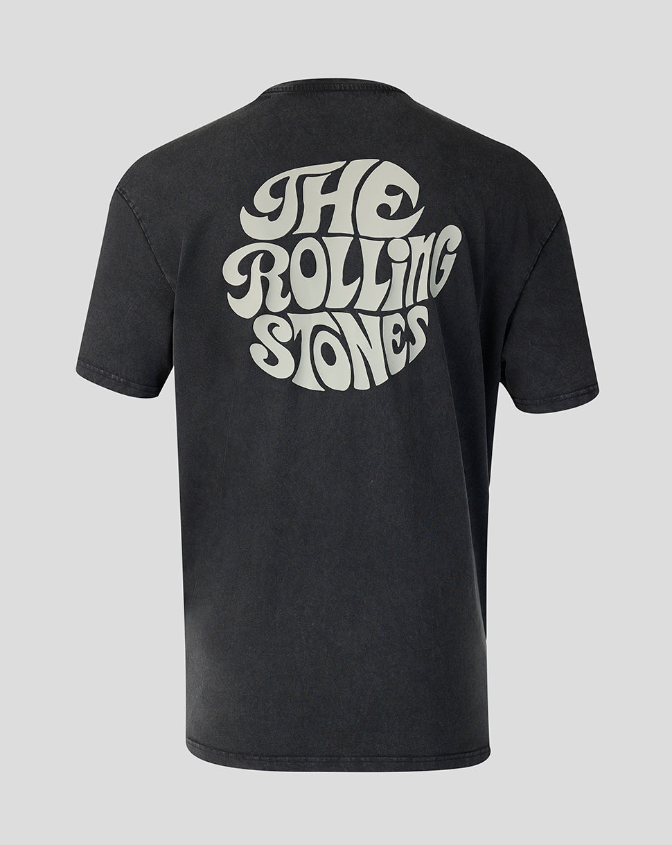 A black short-sleeve t-shirt shown from the back, featuring a large white retro-style 'The Rolling Stones' logo printed across the upper back, set against a solid light gray background.