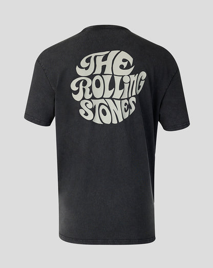 A black short-sleeve t-shirt shown from the back, featuring a large white retro-style 'The Rolling Stones' logo printed across the upper back, set against a solid light gray background.