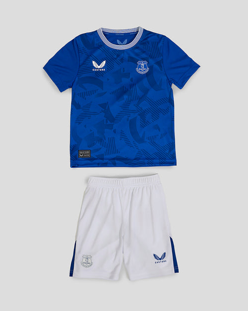 Everton Home 24/25 Nested Infant Kit blue patterned jersey with white shorts