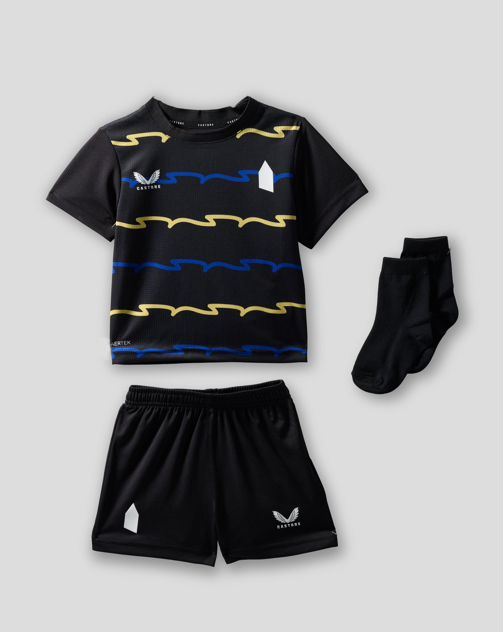 Everton FC third baby kit featuring a black jersey with yellow and blue wave patterns and matching shorts