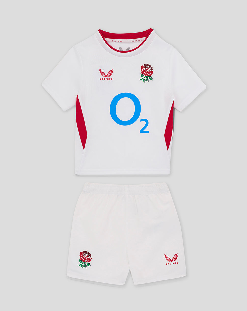 Baby white England Rugby home kit short sleeve top with O2 logo and rose crest, plus white shorts with rose and Castore crests