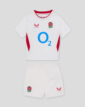 Baby white England Rugby home kit short sleeve top with O2 logo and rose crest, plus white shorts with rose and Castore crests