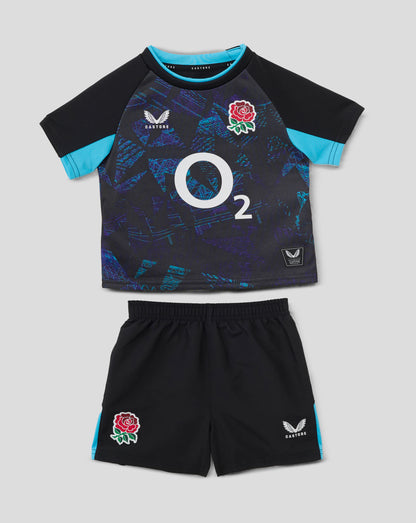 Baby England Rugby alternate short sleeve kit set with navy top teal sleeves rose crest left chest and Castore logo right chest plus matching shorts