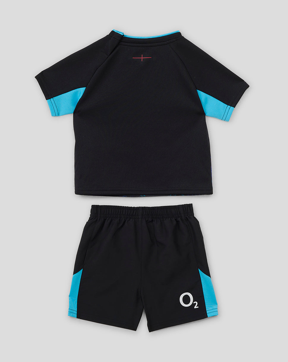 Back view of baby England Rugby alternate short sleeve kit with black jersey and turquoise sleeve panels paired with matching shorts.