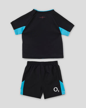 Back view of baby England Rugby alternate short sleeve kit with black jersey and turquoise sleeve panels paired with matching shorts.