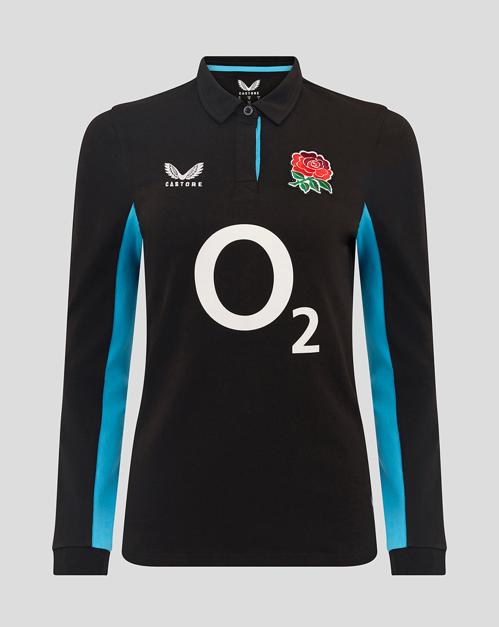 Black long sleeve England Rugby alternate classic shirt with turquoise side panels and rose crest on chest.