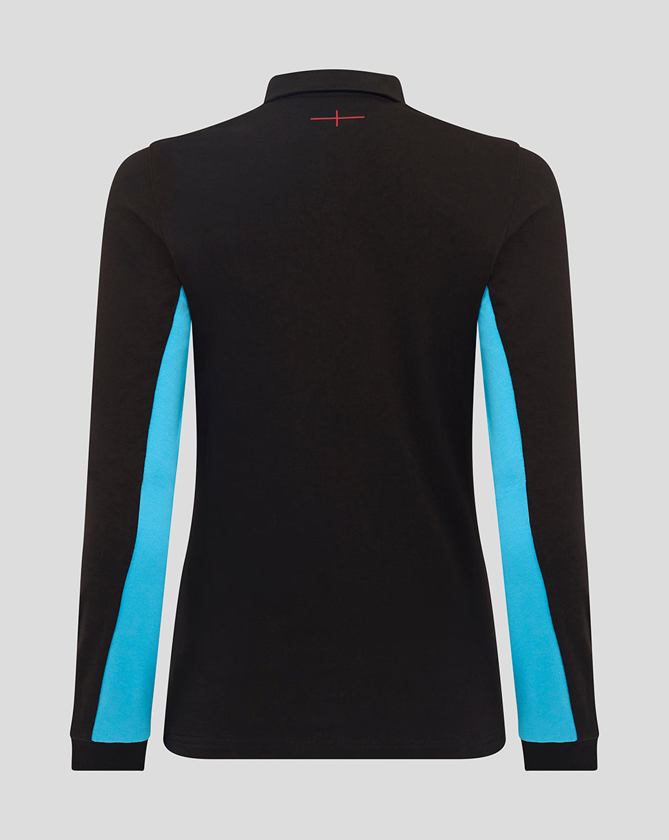 Back view of the black long sleeve England Rugby alternate classic shirt with turquoise side panels and red back stitch.