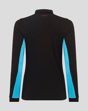 Back view of the black long sleeve England Rugby alternate classic shirt with turquoise side panels and red back stitch.