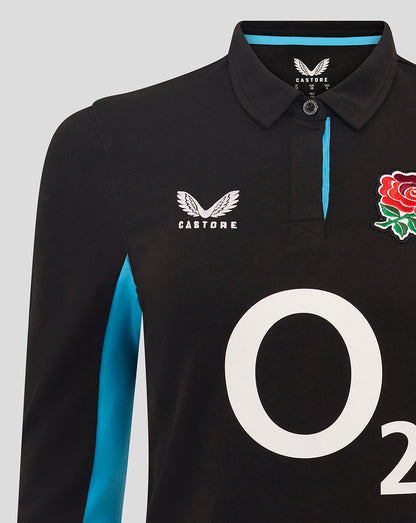 Front detail of the black England Rugby shirt showing rose crest on left chest, O2 sponsor across the chest and turquoise collar edge.